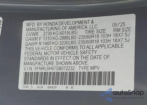 2025 Honda Odyssey Ex-L from USA, damaged, VIN 5FNRL6H67SB072232